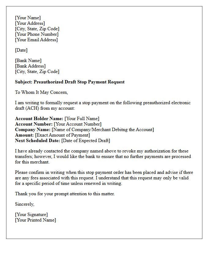 Preauthorized Draft Stop Payment Request Letter