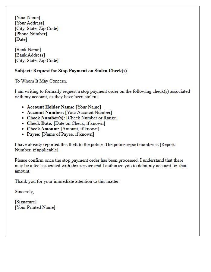 Stolen Check Stop Payment Request Letter