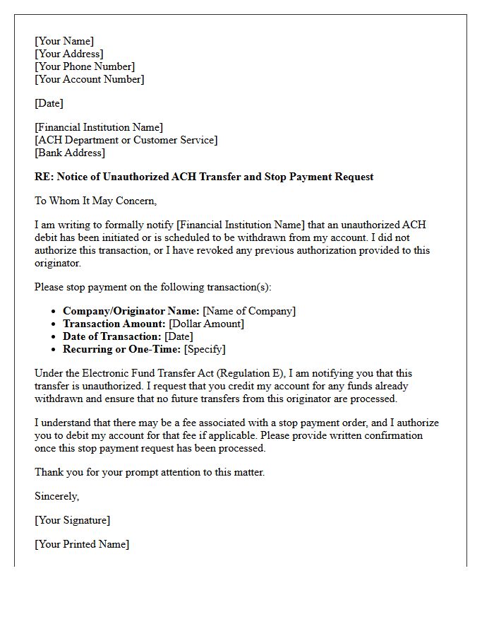 Unauthorized ACH Transfer Stop Payment Request Letter