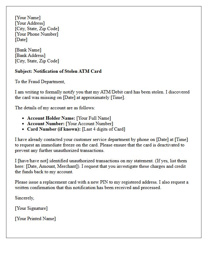 ATM Card Theft Notification Letter