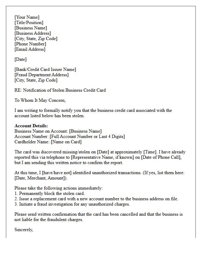 Business Credit Card Stolen Notification Letter