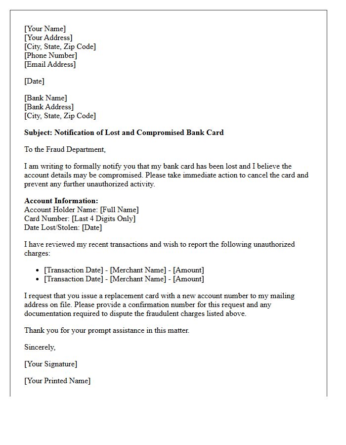Compromised Bank Card Lost Notification Letter