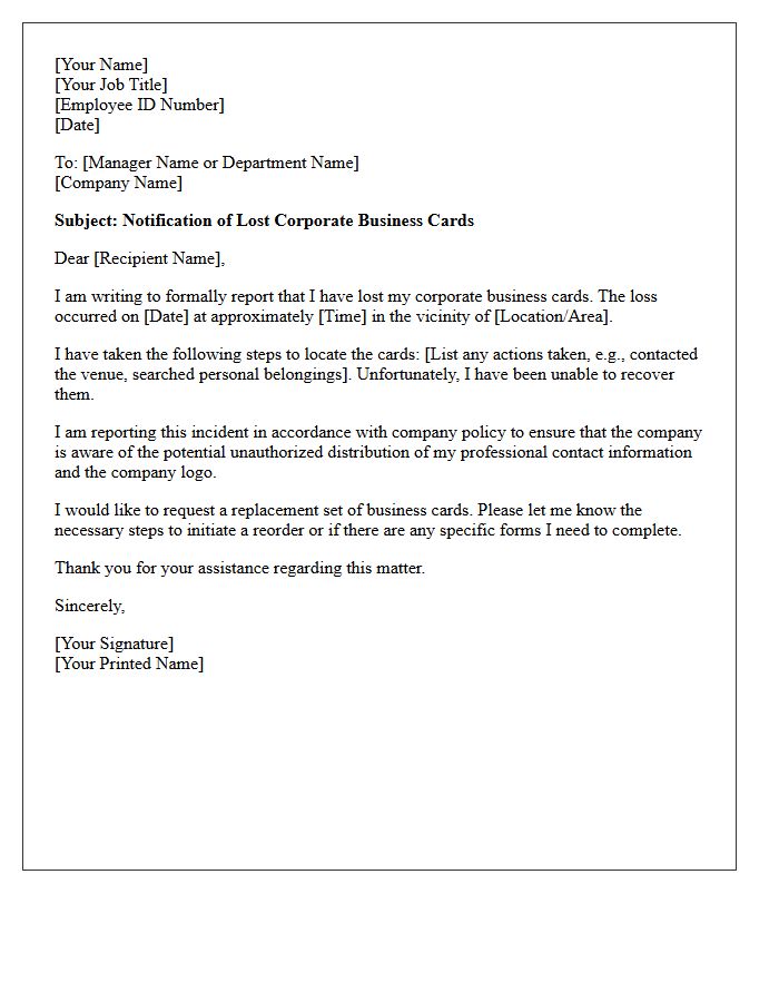 Corporate Business Card Lost Notification Letter