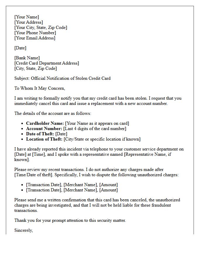 Credit Card Stolen Notification Letter