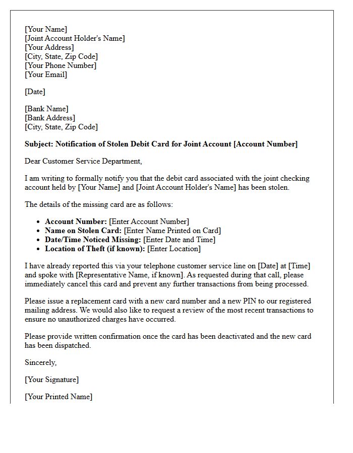Joint Account Debit Card Stolen Notification Letter