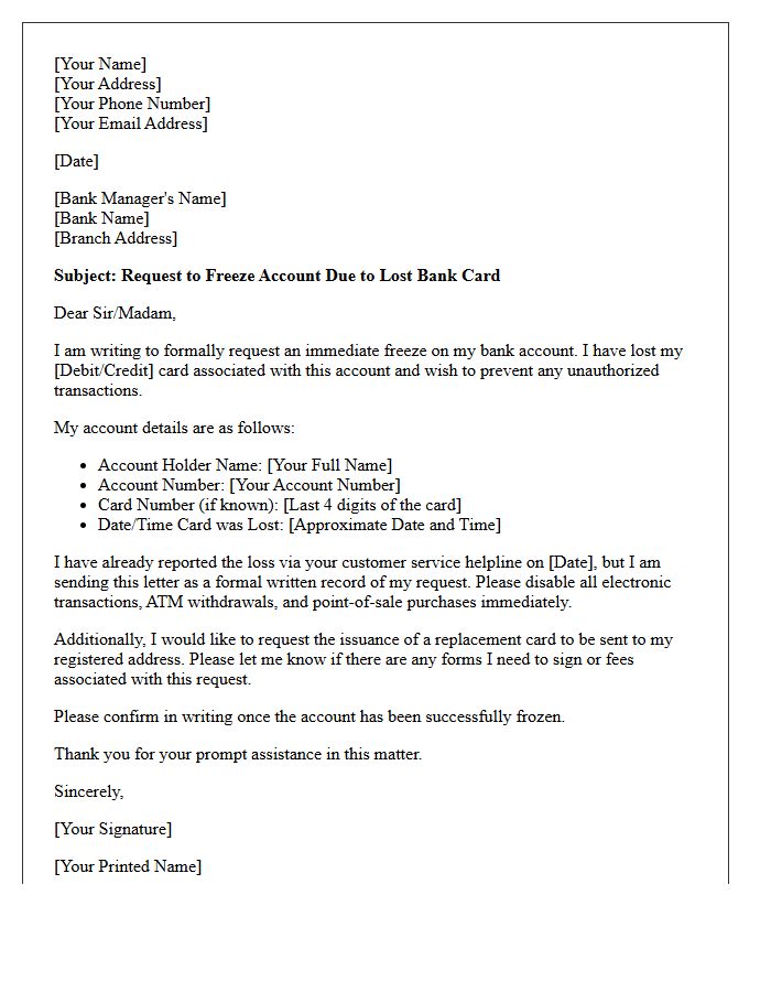 Lost Bank Card Account Freeze Request Letter