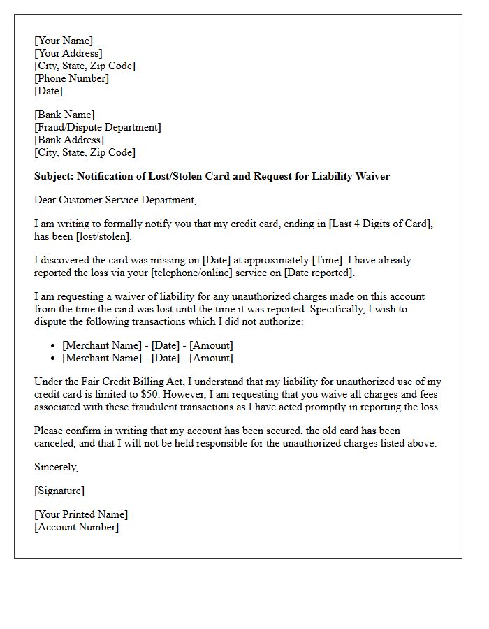 Lost Credit Card Liability Waiver Letter