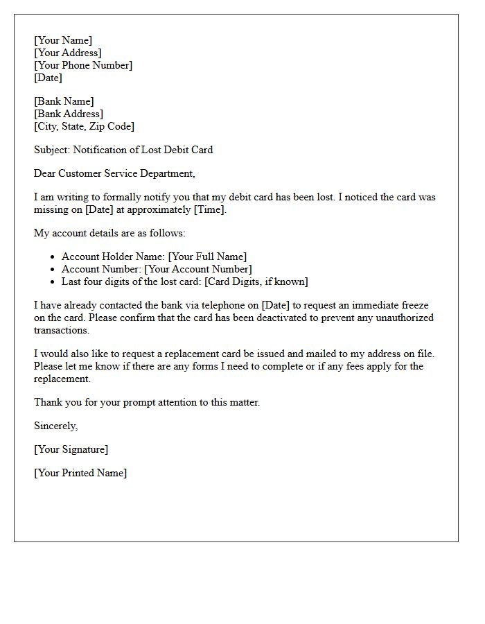 Personal Debit Card Lost Notification Letter