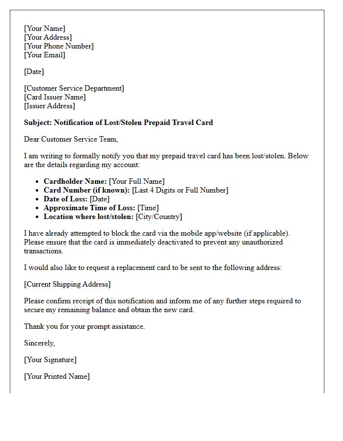 Prepaid Travel Card Lost Notification Letter