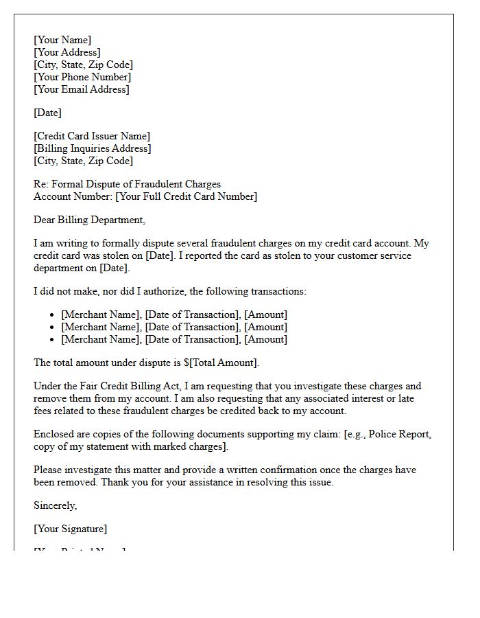 Stolen Credit Card Fraud Dispute Letter
