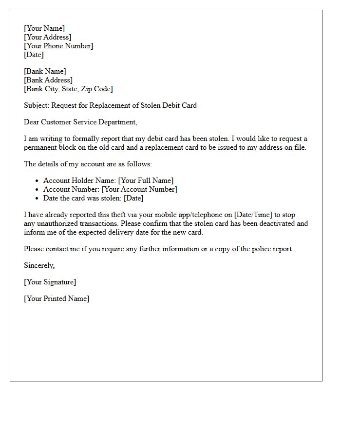 Stolen Debit Card Replacement Request Letter