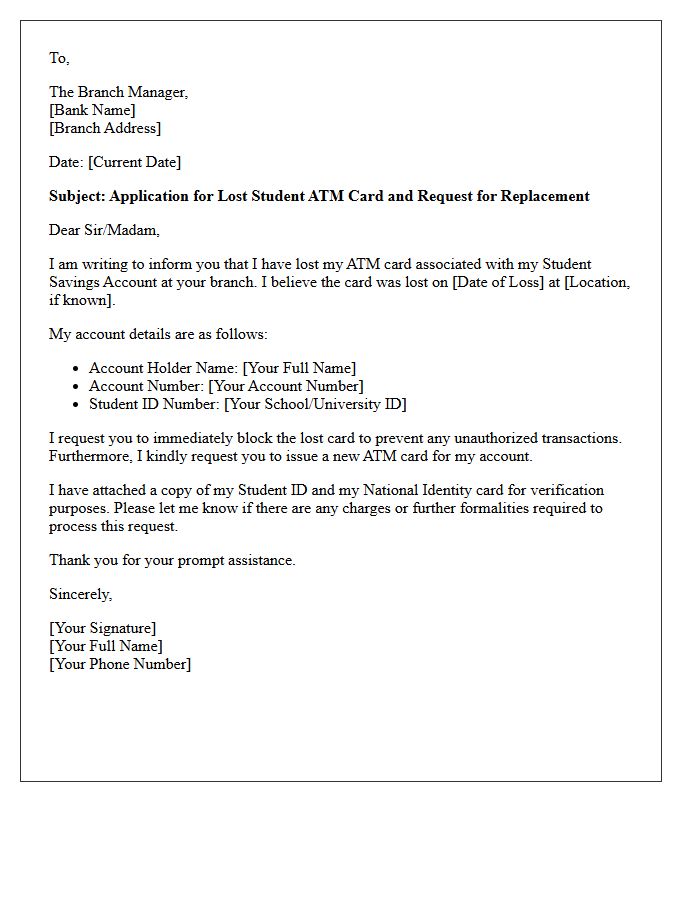 Student Account Lost ATM Card Letter