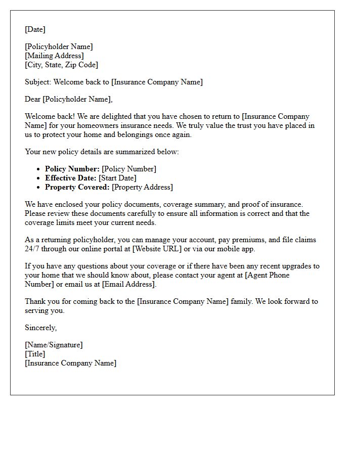 Homeowners Insurance Welcome Back Letter for Returning Policyholders