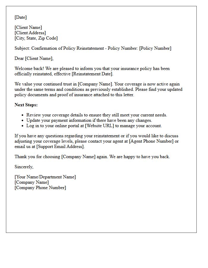 Reinstated Policy Welcome Letter for Returning Clients