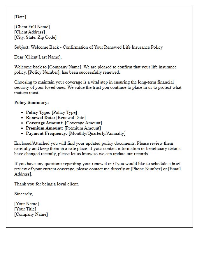Returning Client Welcome Letter for Renewed Life Insurance Policies