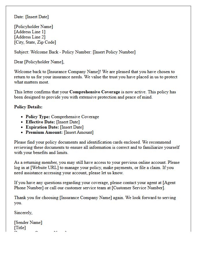 Returning Policyholder Welcome Letter for Comprehensive Coverage