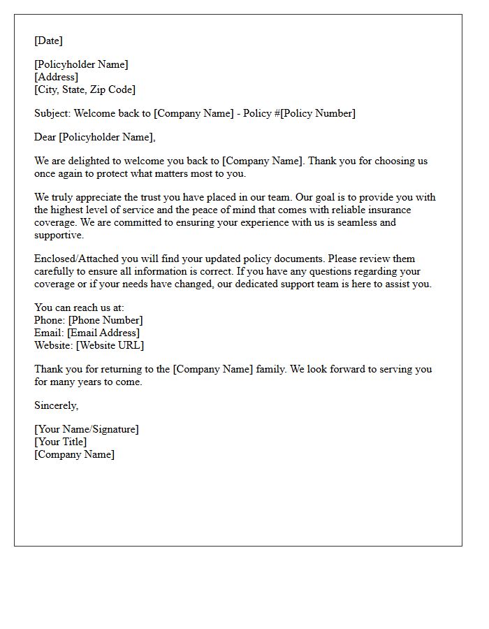 Welcome Back Letter Expressing Gratitude to Returning Policyholders