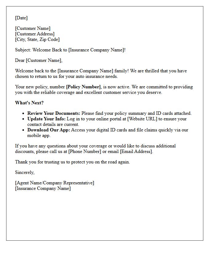 Welcome Back Letter for Returning Auto Insurance Policyholders