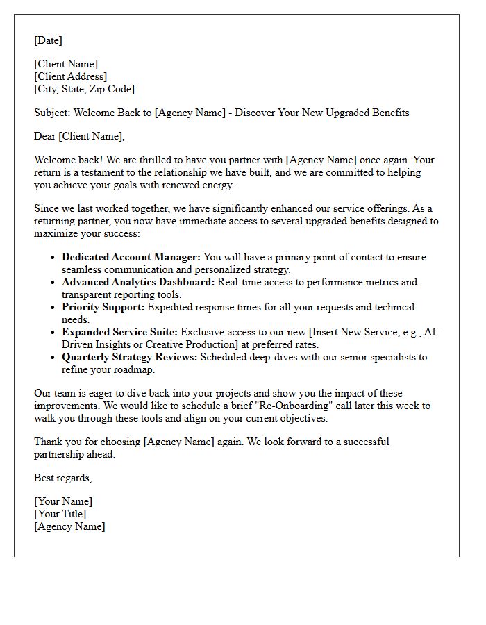Welcome Back Letter Outlining Upgraded Agency Benefits