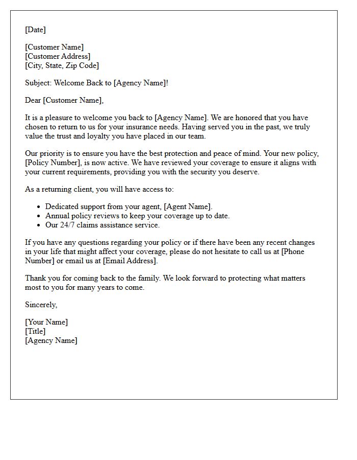 Welcome Back to the Agency Letter for Loyal Insurance Customers