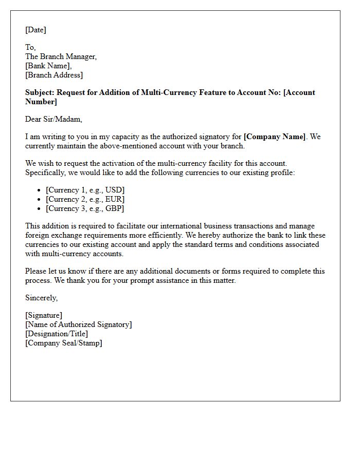 Authorized Signatory Multi-Currency Addition Letter