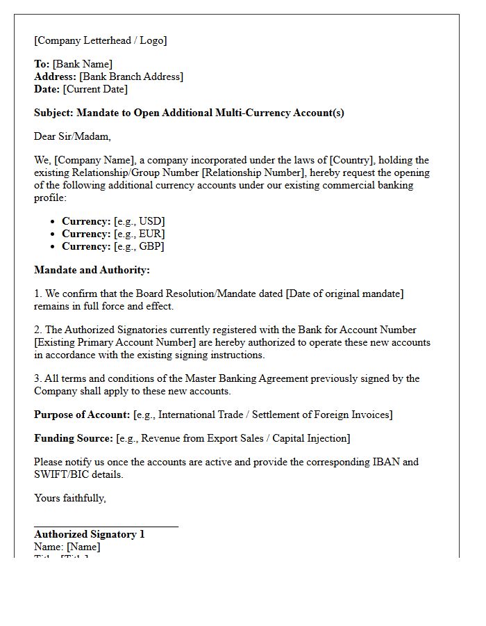 Commercial Multi-Currency Account Addition Mandate Letter
