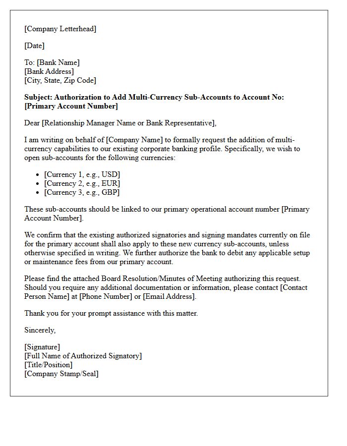 Corporate Multi-Currency Account Addition Authorization Letter