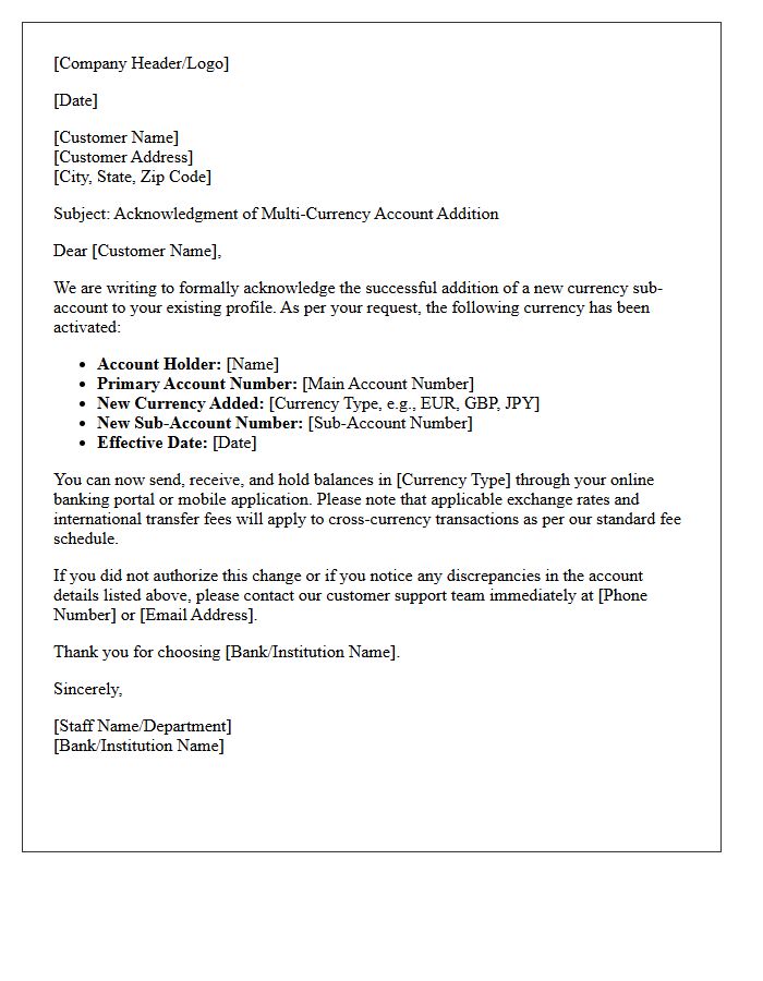 Multi-Currency Account Addition Acknowledgment Letter