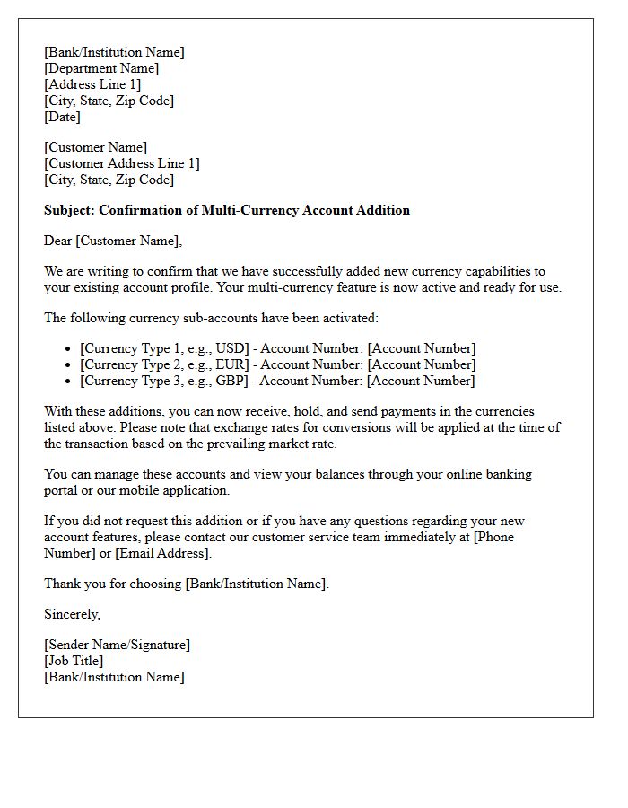 Multi-Currency Account Addition Confirmation Letter