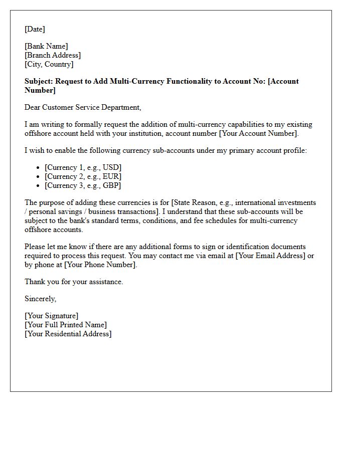 Offshore Multi-Currency Account Addition Letter