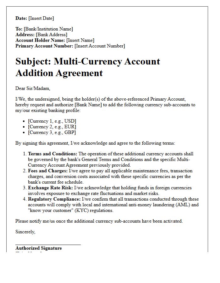Standard Multi-Currency Account Addition Agreement Letter