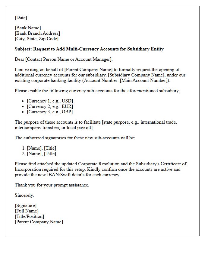 Subsidiary Multi-Currency Account Addition Letter