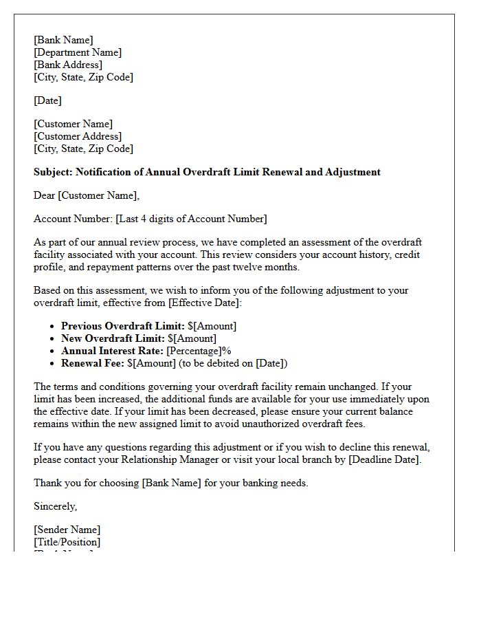 Annual Overdraft Limit Renewal Adjustment Letter