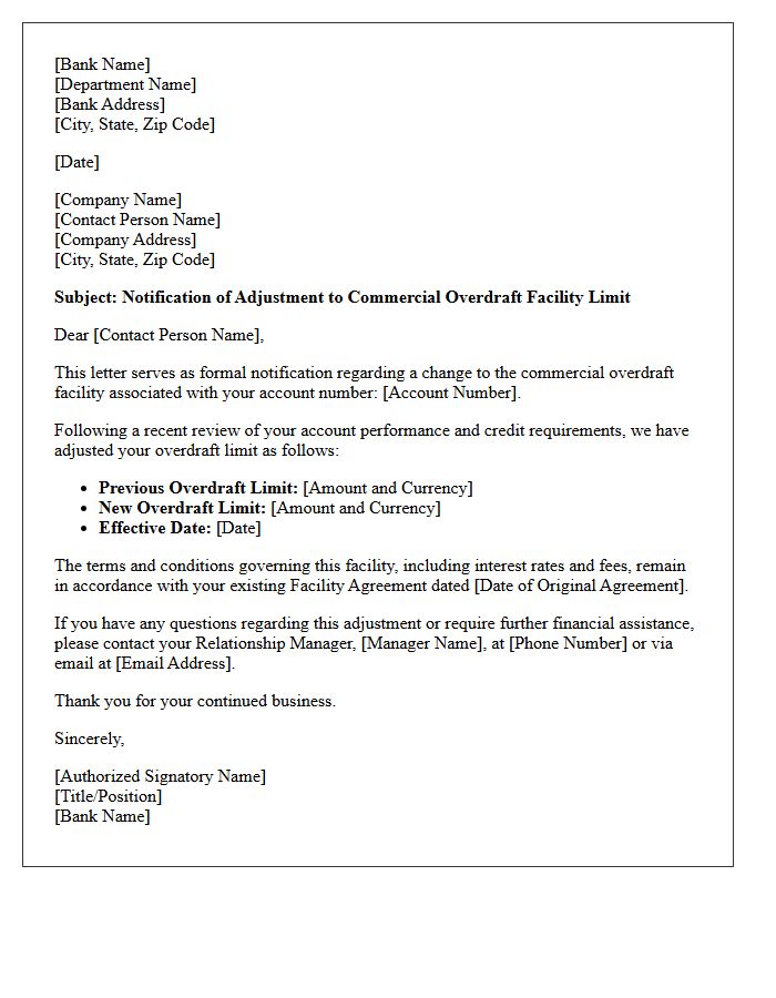 Commercial Overdraft Facility Limit Adjustment Letter