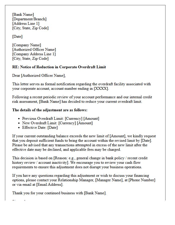 Corporate Account Overdraft Limit Reduction Letter