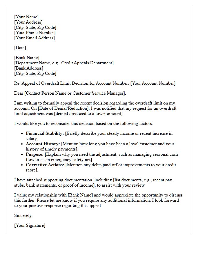 Overdraft Limit Adjustment Appeal Request Letter