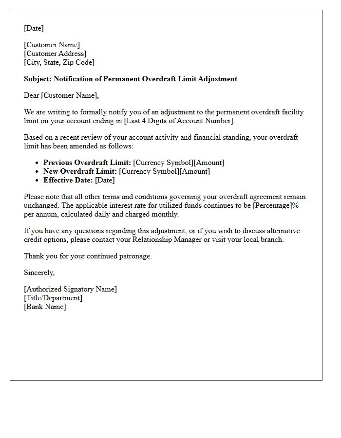 Permanent Overdraft Facility Limit Adjustment Letter