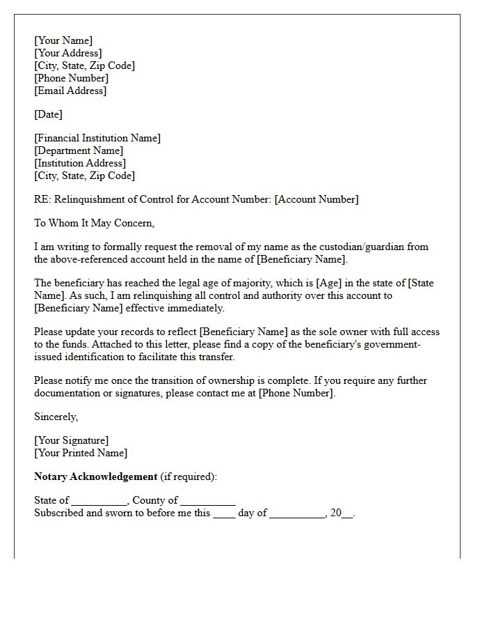 Guardian Relinquishment of Account Control Letter