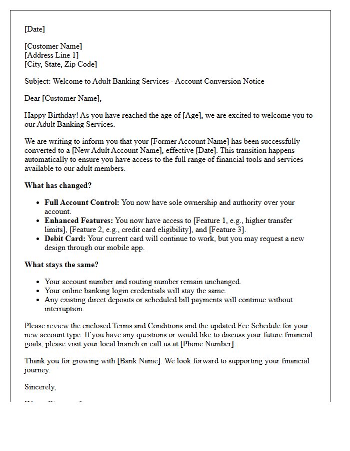 Welcome to Adult Banking Services Account Conversion Letter