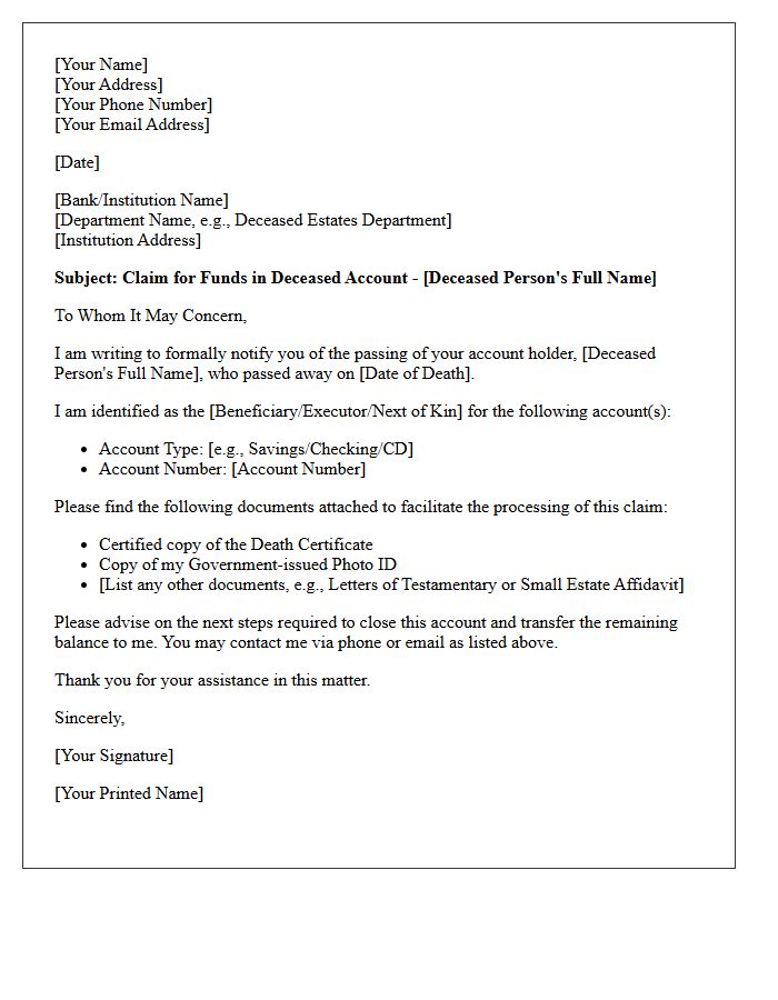 Beneficiary Deceased Account Holder Claim Letter