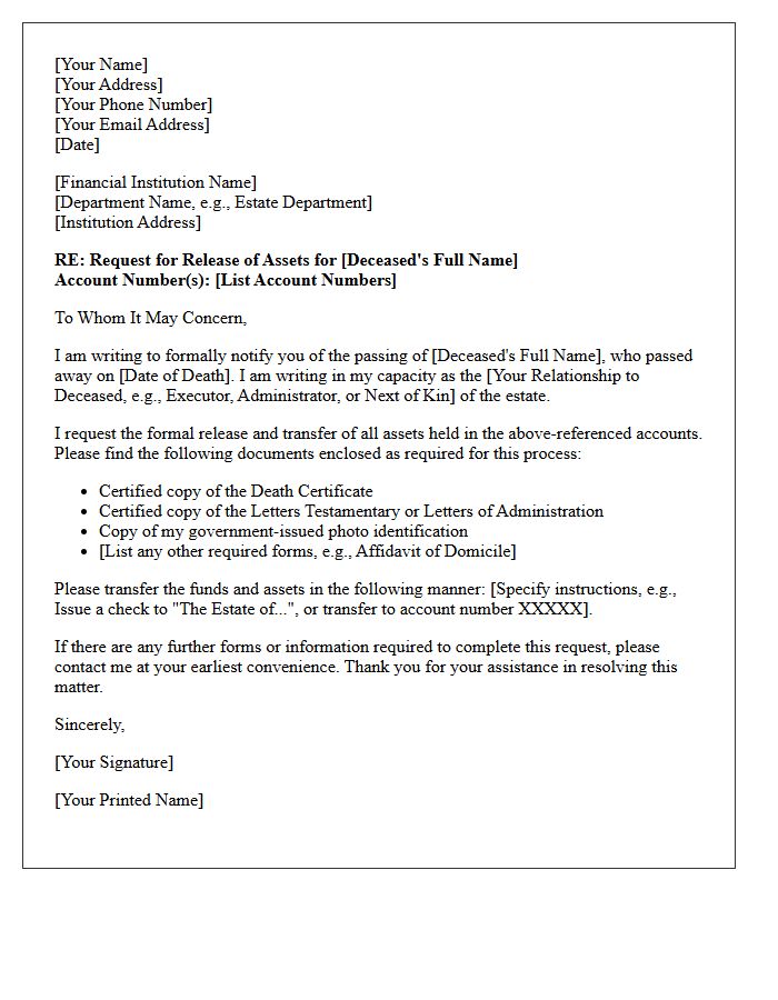 Deceased Account Holder Asset Release Letter