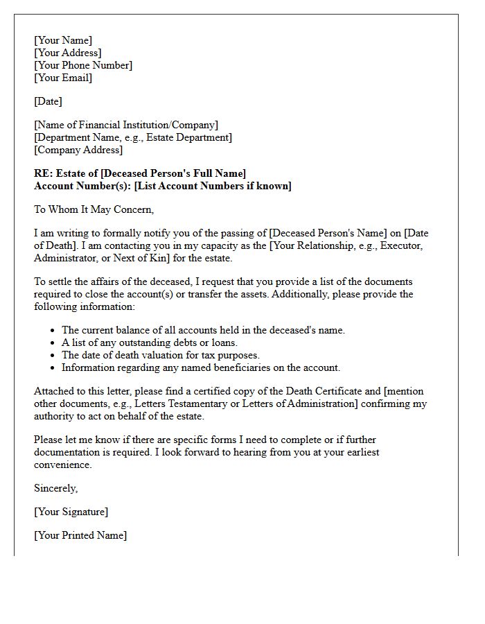 Deceased Account Holder Document Request Letter