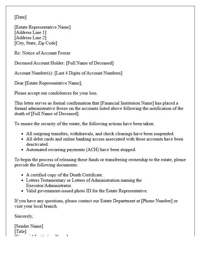 Deceased Account Holder Freeze Confirmation Letter