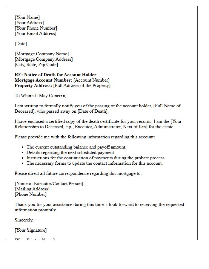 Deceased Account Holder Mortgage Notification Letter