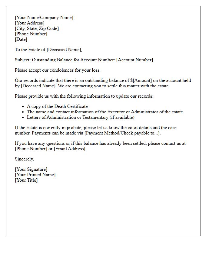 Deceased Account Holder Outstanding Balance Letter