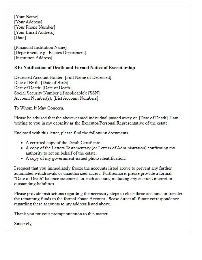 Executor Deceased Account Holder Notification Letter
