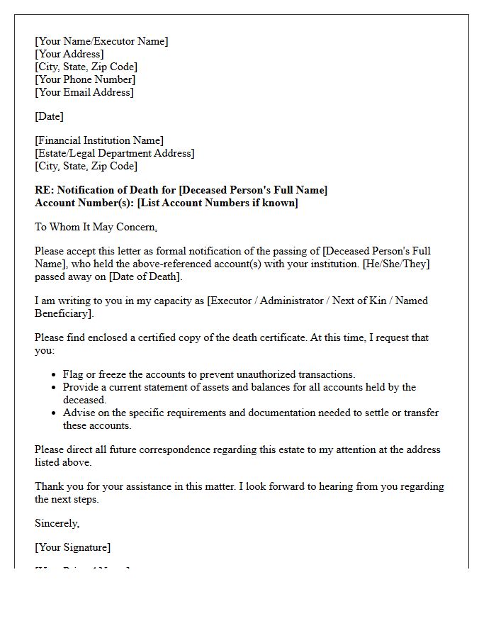Initial Deceased Account Holder Notification Letter