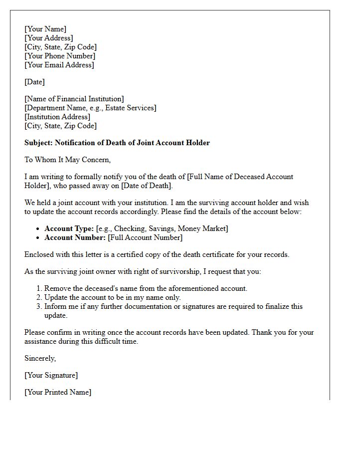 Joint Account Survivor Deceased Notification Letter