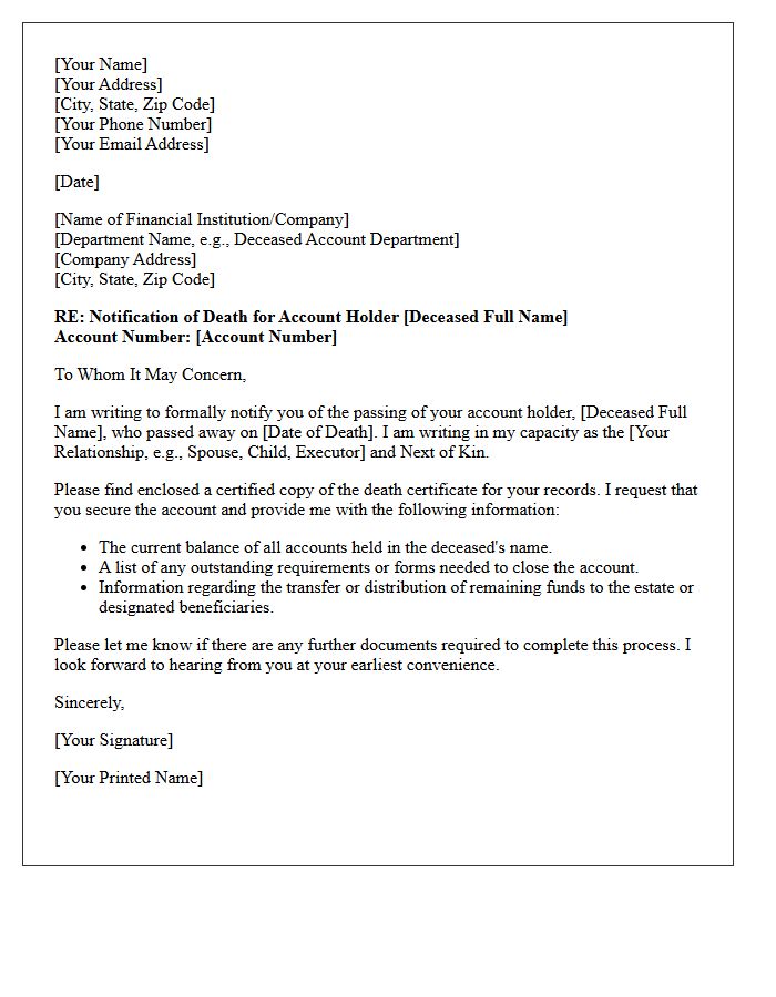 Next Of Kin Deceased Account Holder Notification Letter