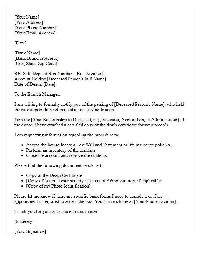 Safe Deposit Box Deceased Account Holder Letter